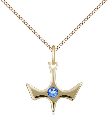 14kt Gold Filled Holy Spirit Pendant with a 3mm Sapphire Swarovski stone on a 18 inch Gold Filled Light Curb chain