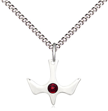 Sterling Silver Holy Spirit Pendant with a 3mm Garnet Swarovski stone on a 18 inch Light Rhodium Light Curb chain