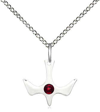 Sterling Silver Holy Spirit Pendant with a 3mm Garnet Swarovski stone on a 18 inch Sterling Silver Light Curb chain