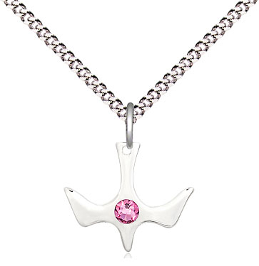 Sterling Silver Holy Spirit Pendant with a 3mm Rose Swarovski stone on a 18 inch Light Rhodium Light Curb chain