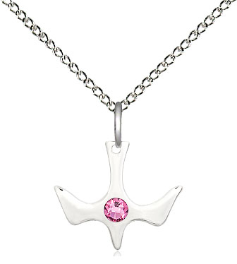 Sterling Silver Holy Spirit Pendant with a 3mm Rose Swarovski stone on a 18 inch Sterling Silver Light Curb chain