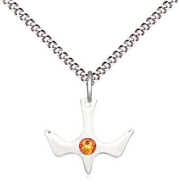 Sterling Silver Holy Spirit Pendant with a 3mm Topaz Swarovski stone on a 18 inch Light Rhodium Light Curb chain