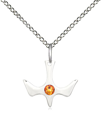 Sterling Silver Holy Spirit Pendant with a 3mm Topaz Swarovski stone on a 18 inch Sterling Silver Light Curb chain
