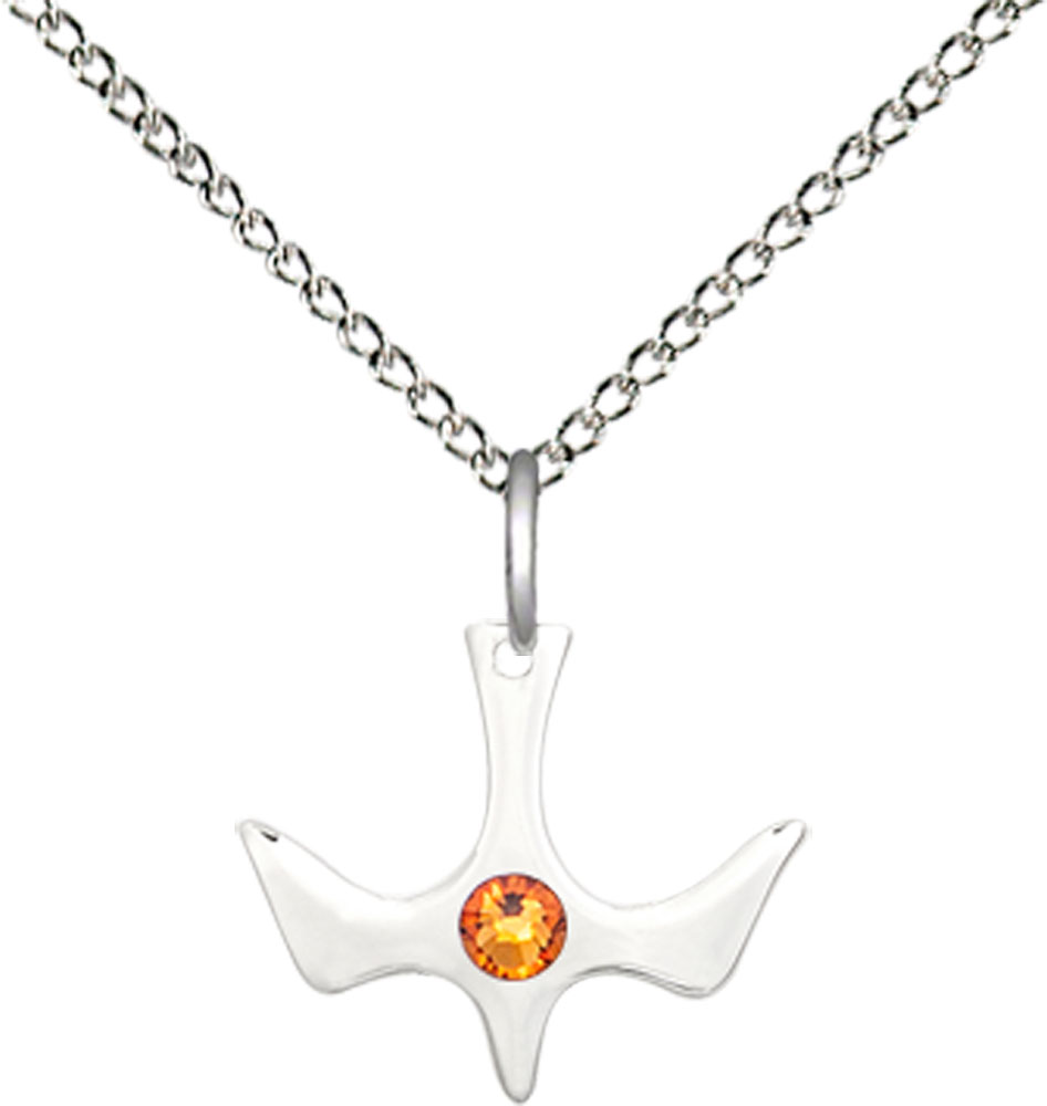 Sterling Silver Holy Spirit Pendant with a 3mm Topaz Swarovski stone on a 18 inch Sterling Silver Light Curb chain