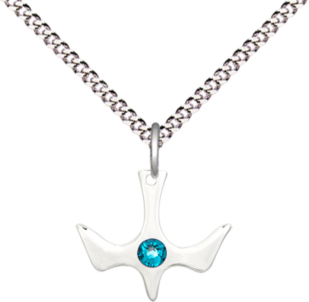 Sterling Silver Holy Spirit Pendant with a 3mm Zircon Swarovski stone on a 18 inch Light Rhodium Light Curb chain