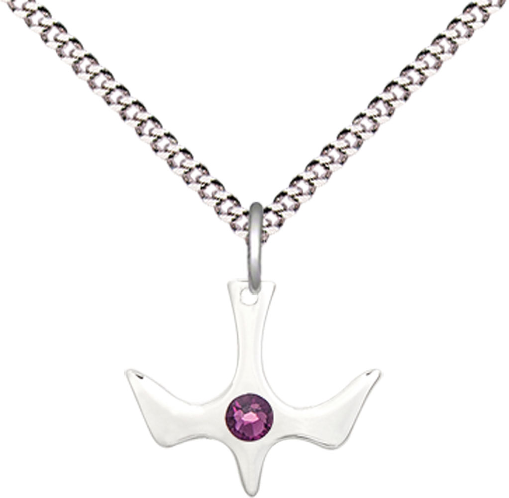 Sterling Silver Holy Spirit Pendant with a 3mm Amethyst Swarovski stone on a 18 inch Light Rhodium Light Curb chain