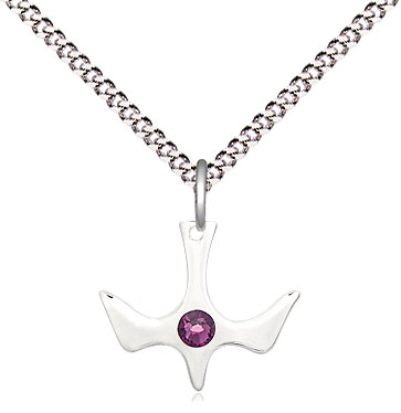 Sterling Silver Holy Spirit Pendant with a 3mm Amethyst Swarovski stone on a 18 inch Light Rhodium Light Curb chain