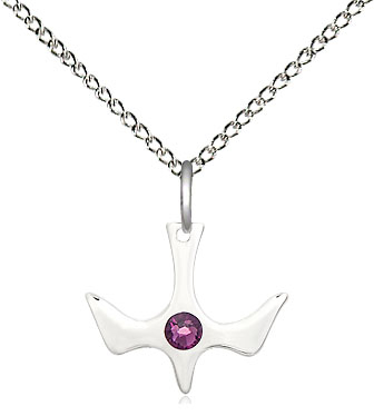 Sterling Silver Holy Spirit Pendant with a 3mm Amethyst Swarovski stone on a 18 inch Sterling Silver Light Curb chain