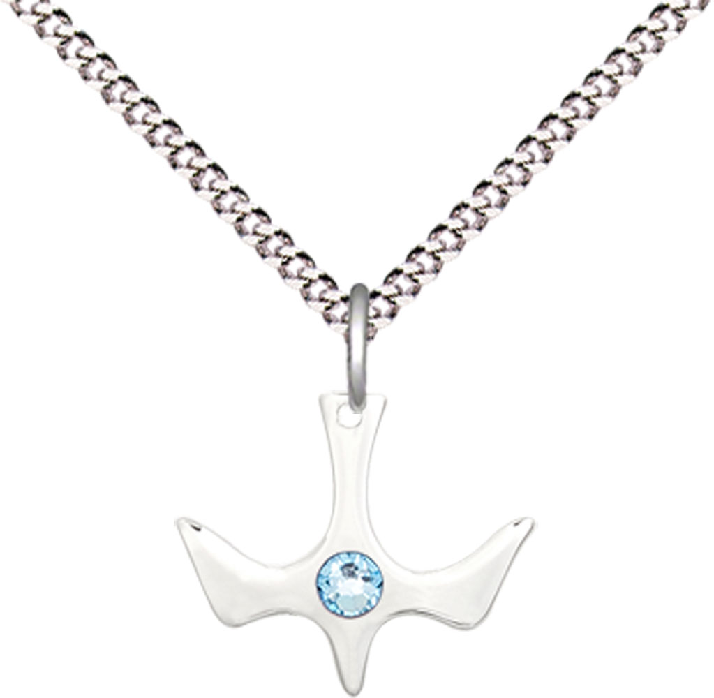 Sterling Silver Holy Spirit Pendant with a 3mm Aqua Swarovski stone on a 18 inch Light Rhodium Light Curb chain