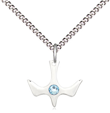 Sterling Silver Holy Spirit Pendant with a 3mm Aqua Swarovski stone on a 18 inch Light Rhodium Light Curb chain