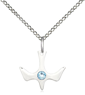 Sterling Silver Holy Spirit Pendant with a 3mm Aqua Swarovski stone on a 18 inch Sterling Silver Light Curb chain