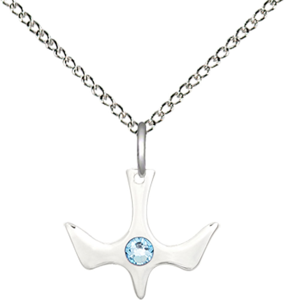 Sterling Silver Holy Spirit Pendant with a 3mm Aqua Swarovski stone on a 18 inch Sterling Silver Light Curb chain