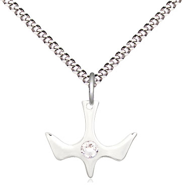 Sterling Silver Holy Spirit Pendant with a 3mm Crystal Swarovski stone on a 18 inch Light Rhodium Light Curb chain