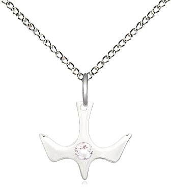 Sterling Silver Holy Spirit Pendant with a 3mm Crystal Swarovski stone on a 18 inch Sterling Silver Light Curb chain