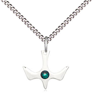Sterling Silver Holy Spirit Pendant with a 3mm Emerald Swarovski stone on a 18 inch Light Rhodium Light Curb chain