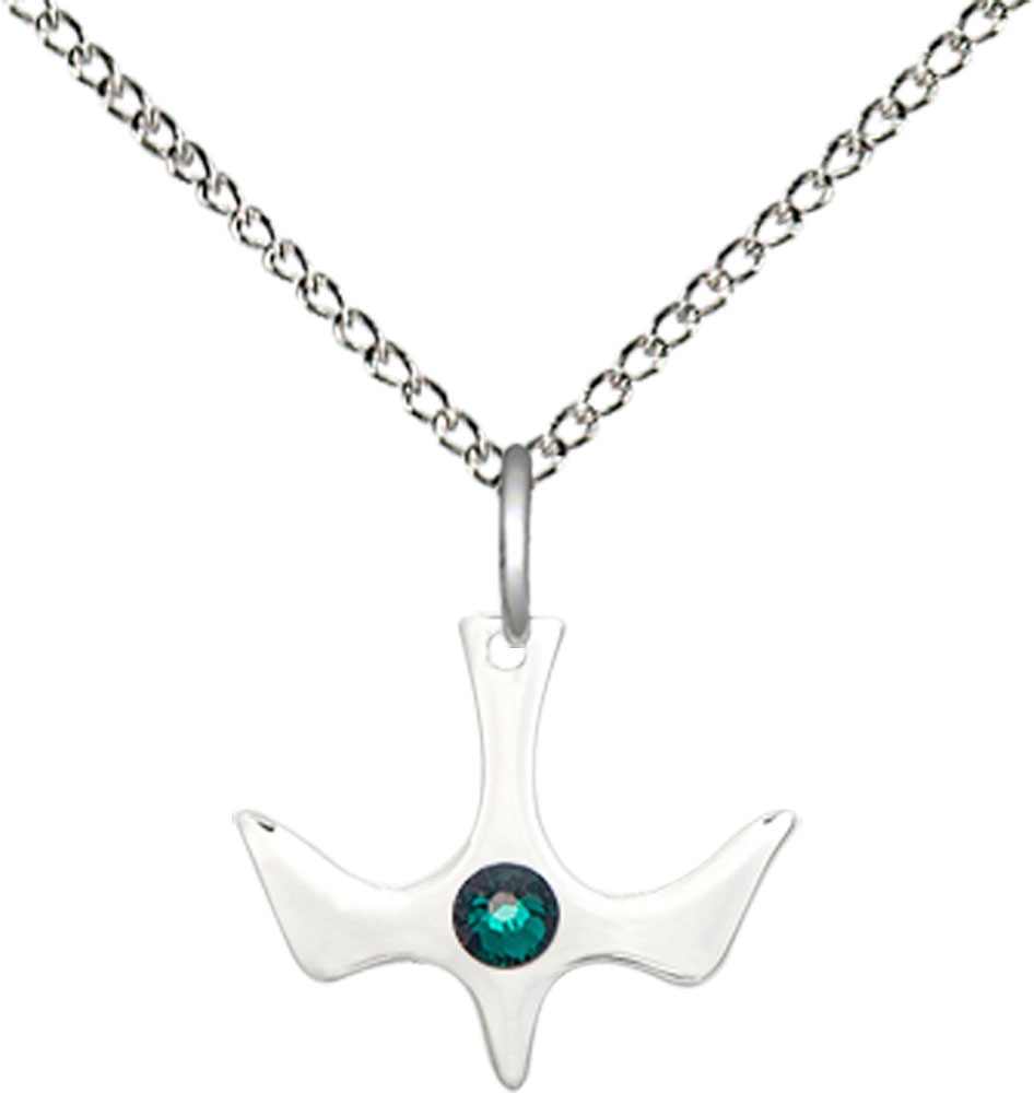 Sterling Silver Holy Spirit Pendant with a 3mm Emerald Swarovski stone on a 18 inch Sterling Silver Light Curb chain