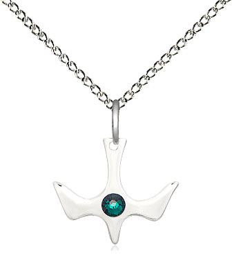 Sterling Silver Holy Spirit Pendant with a 3mm Emerald Swarovski stone on a 18 inch Sterling Silver Light Curb chain
