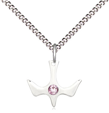 Sterling Silver Holy Spirit Pendant with a 3mm Light Amethyst Swarovski stone on a 18 inch Light Rhodium Light Curb chain