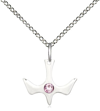 Sterling Silver Holy Spirit Pendant with a 3mm Light Amethyst Swarovski stone on a 18 inch Sterling Silver Light Curb chain