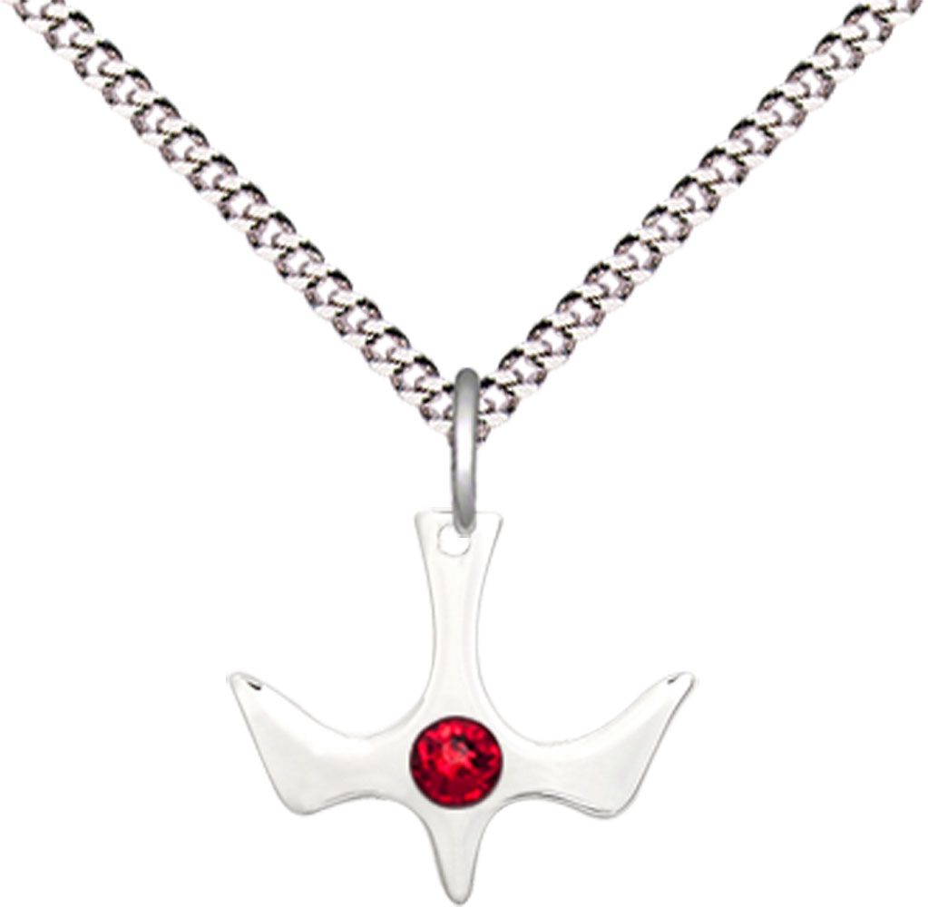 Sterling Silver Holy Spirit Pendant with a 3mm Ruby Swarovski stone on a 18 inch Light Rhodium Light Curb chain