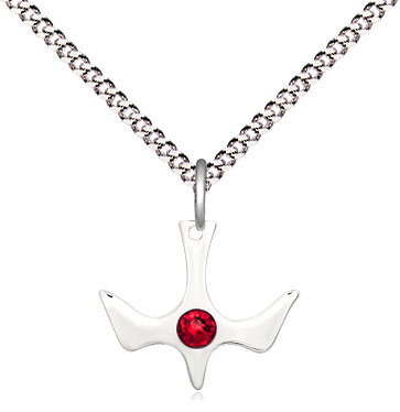 Sterling Silver Holy Spirit Pendant with a 3mm Ruby Swarovski stone on a 18 inch Light Rhodium Light Curb chain