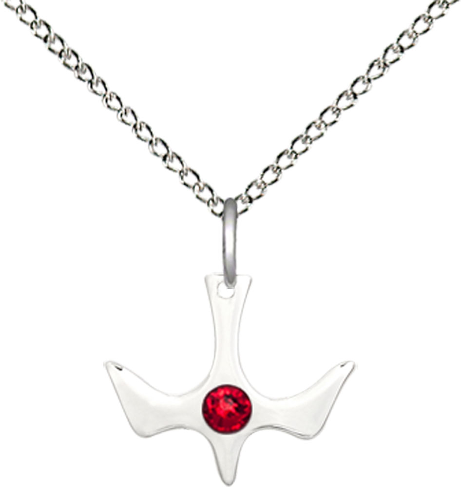 Sterling Silver Holy Spirit Pendant with a 3mm Ruby Swarovski stone on a 18 inch Sterling Silver Light Curb chain