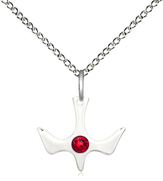 Sterling Silver Holy Spirit Pendant with a 3mm Ruby Swarovski stone on a 18 inch Sterling Silver Light Curb chain