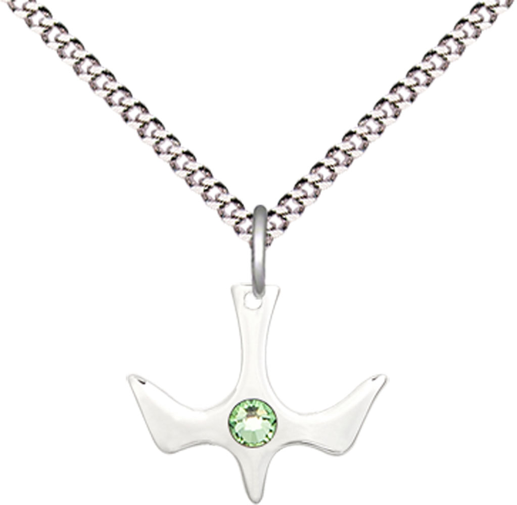 Sterling Silver Holy Spirit Pendant with a 3mm Peridot Swarovski stone on a 18 inch Light Rhodium Light Curb chain