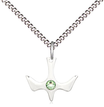 Sterling Silver Holy Spirit Pendant with a 3mm Peridot Swarovski stone on a 18 inch Light Rhodium Light Curb chain