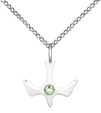 Sterling Silver Holy Spirit Pendant with a 3mm Peridot Swarovski stone on a 18 inch Sterling Silver Light Curb chain