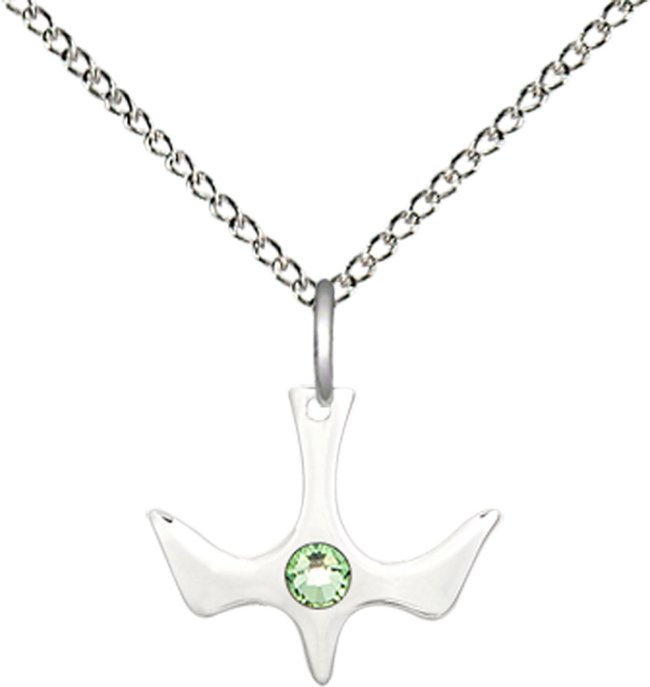 Sterling Silver Holy Spirit Pendant with a 3mm Peridot Swarovski stone on a 18 inch Sterling Silver Light Curb chain