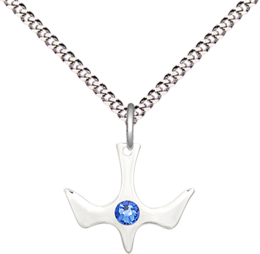 Sterling Silver Holy Spirit Pendant with a 3mm Sapphire Swarovski stone on a 18 inch Light Rhodium Light Curb chain