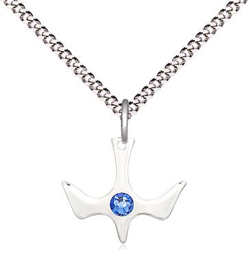 Sterling Silver Holy Spirit Pendant with a 3mm Sapphire Swarovski stone on a 18 inch Light Rhodium Light Curb chain