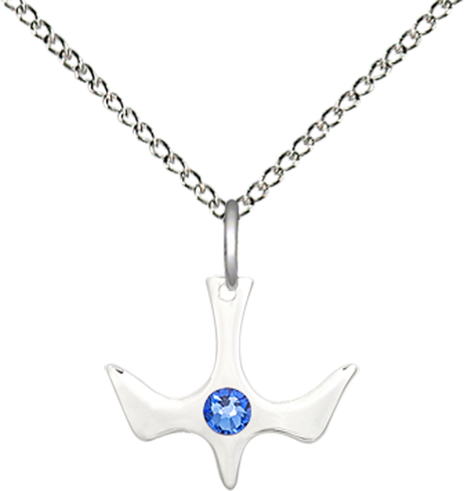 Sterling Silver Holy Spirit Pendant with a 3mm Sapphire Swarovski stone on a 18 inch Sterling Silver Light Curb chain