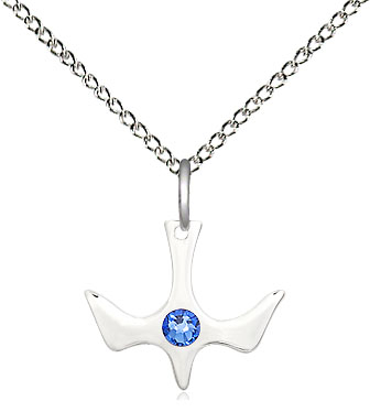 Sterling Silver Holy Spirit Pendant with a 3mm Sapphire Swarovski stone on a 18 inch Sterling Silver Light Curb chain