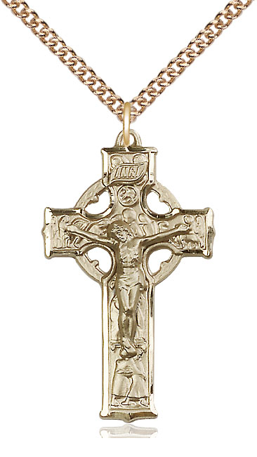 14kt Gold Filled Celtic Crucifix Pendant on a 24 inch Gold Filled Heavy Curb chain