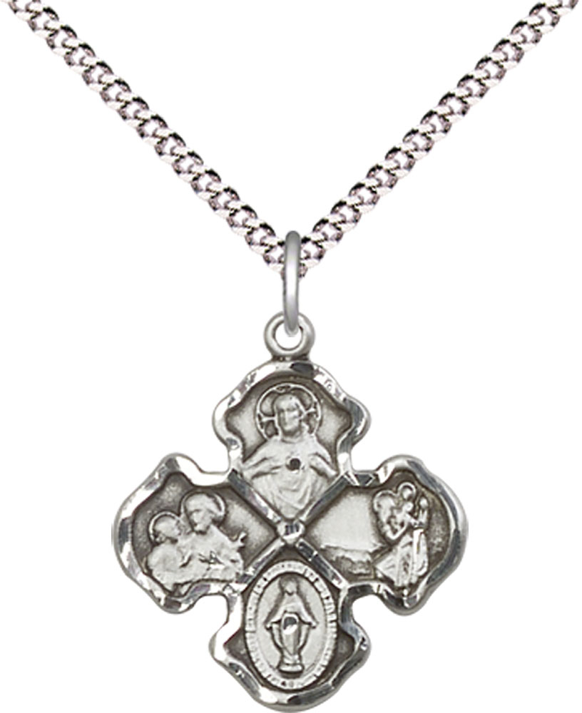 Sterling Silver 4-Way Pendant on a 18 inch Light Rhodium Light Curb chain