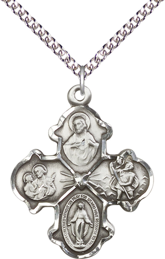 Sterling Silver 4-Way Pendant on a 24 inch Sterling Silver Heavy Curb chain