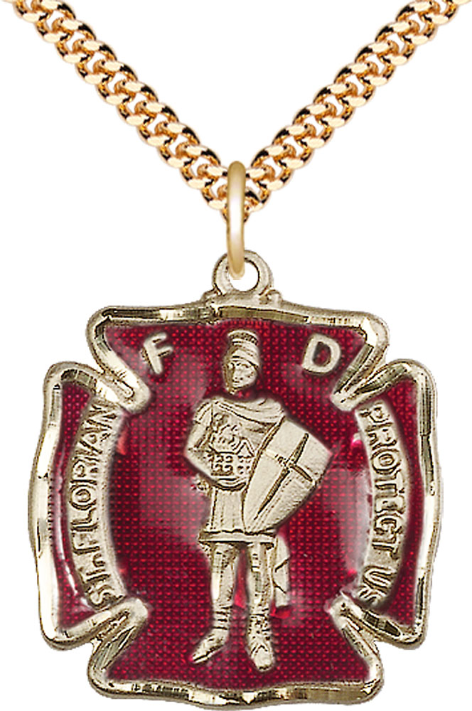 14kt Gold Filled Saint Florian Pendant on a 24 inch Gold Plate Heavy Curb chain