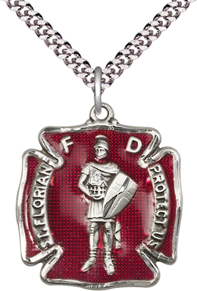 Sterling Silver Saint Florian Pendant on a 24 inch Light Rhodium Heavy Curb chain