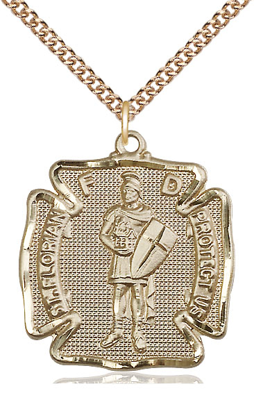 14kt Gold Filled Saint Florian Pendant on a 24 inch Gold Filled Heavy Curb chain