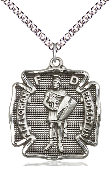 Sterling Silver Saint Florian Pendant on a 24 inch Sterling Silver Heavy Curb chain