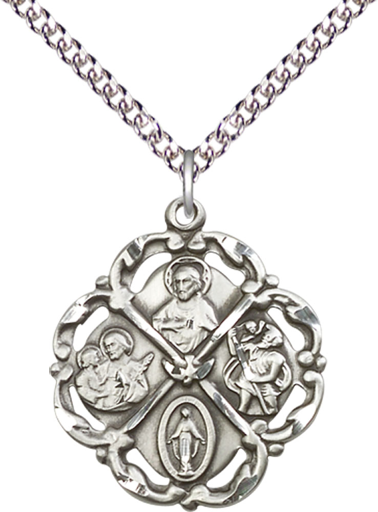 Sterling Silver 5-Way Pendant on a 24 inch Sterling Silver Heavy Curb chain