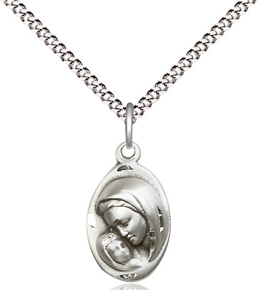 Sterling Silver Madonna &amp; Child Pendant on a 18 inch Light Rhodium Light Curb chain