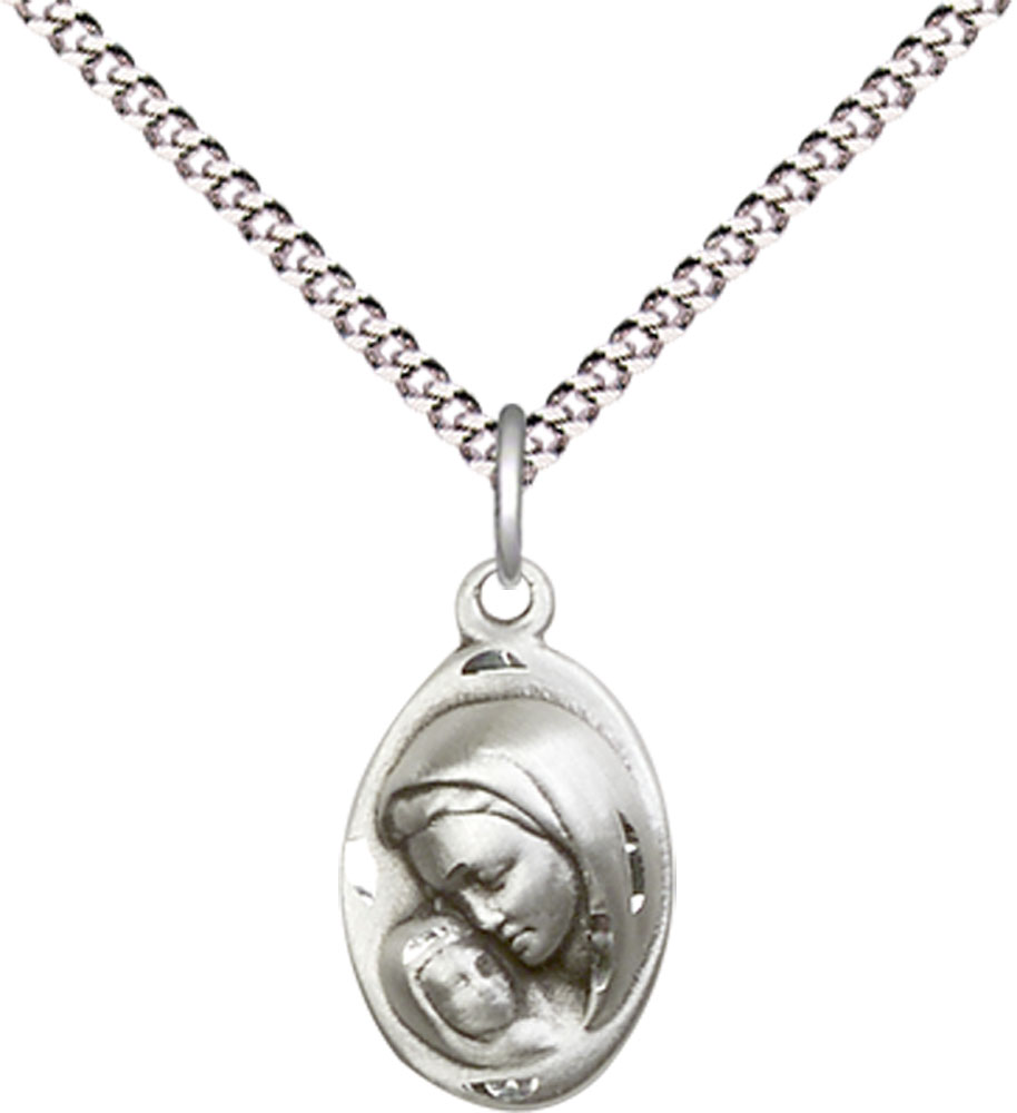 Sterling Silver Madonna &amp; Child Pendant on a 18 inch Light Rhodium Light Curb chain