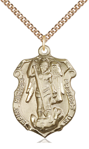 14kt Gold Filled Saint Michael the Archangel Shield Pendant on a 24 inch Gold Filled Heavy Curb chain