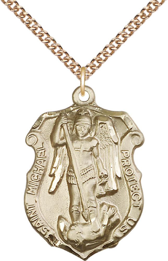 14kt Gold Filled Saint Michael the Archangel Shield Pendant on a 24 inch Gold Filled Heavy Curb chain