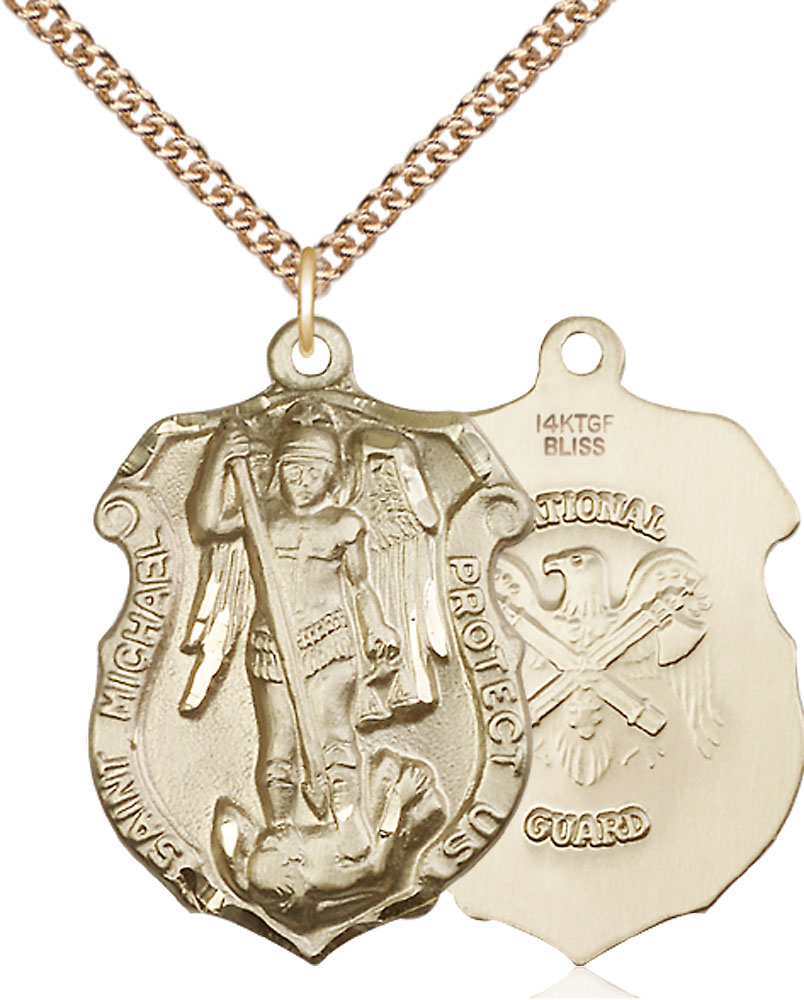 14kt Gold Filled Saint Michael National Guard Pendant on a 24 inch Gold Filled Heavy Curb chain
