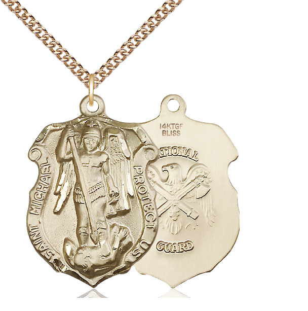 14kt Gold Filled Saint Michael National Guard Pendant on a 24 inch Gold Filled Heavy Curb chain