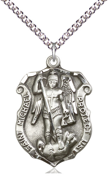 Sterling Silver Saint Michael the Archangel Shield Pendant on a 24 inch Sterling Silver Heavy Curb chain